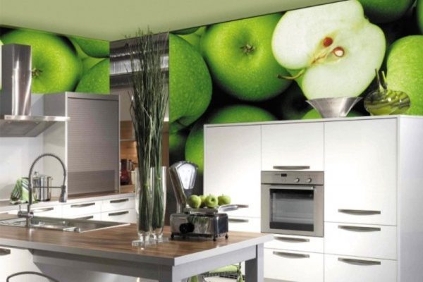 Sienų tapetai su obuolių atvaizdu virtuvei