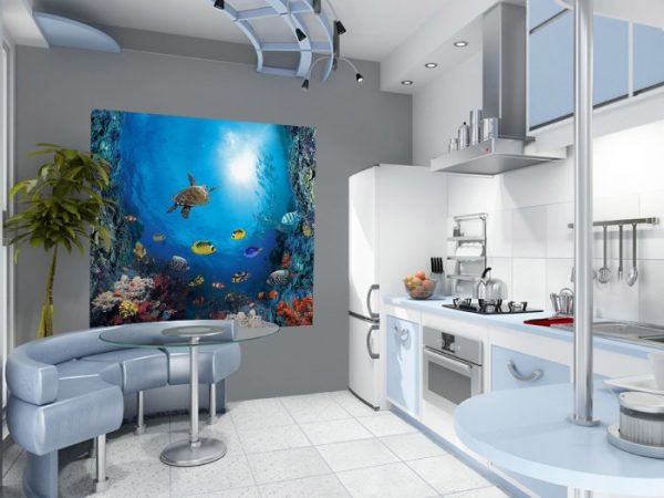 Sienų freska su vandenyno atvaizdu virtuvei