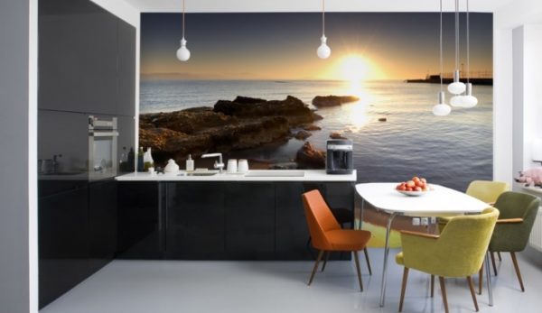 Sienų freska su saulėlydžio nuotrauka jūroje virtuvei