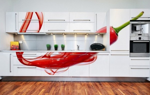 Sienų tapetai su čili pipirų atvaizdu virtuvei