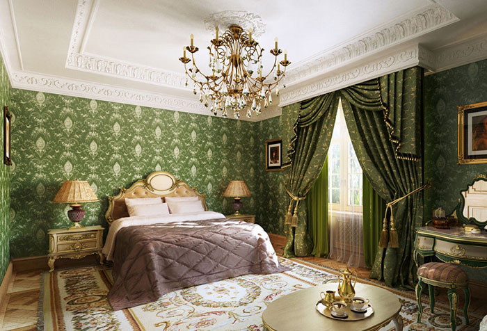Green curtains in the bedroom
