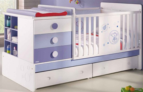 Children's bed transformer with a chest of drawers and a changing table with photo examples