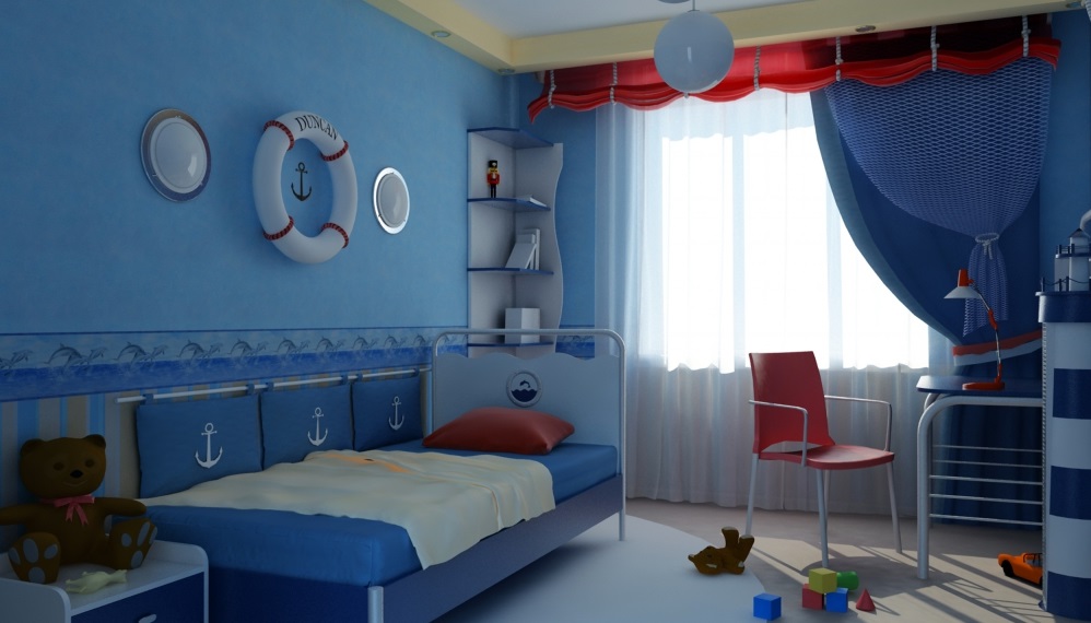 Ampia camera per bambini in stile marino per bambini piccoli