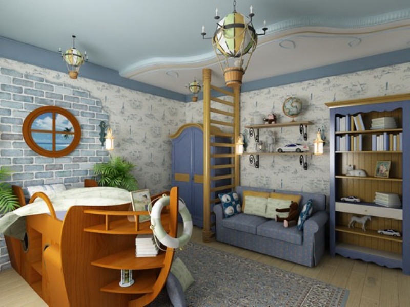 Intérieur de chambre d'enfants de style nautique avec lit de bateau.