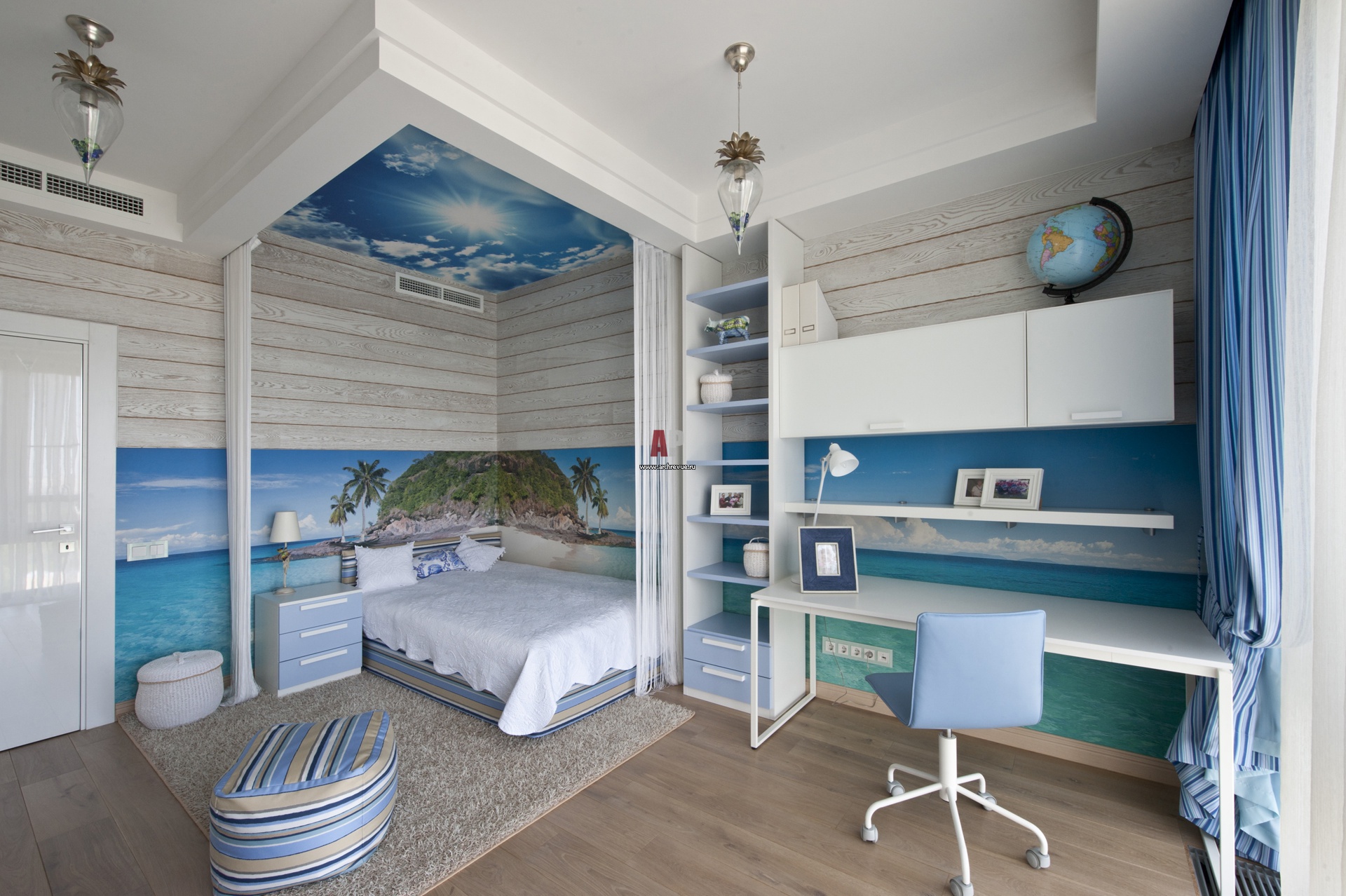 Marine style kids room with bright furniture for an active boy