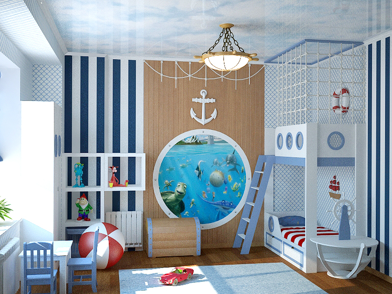 Design a kids room in a trendy marine style
