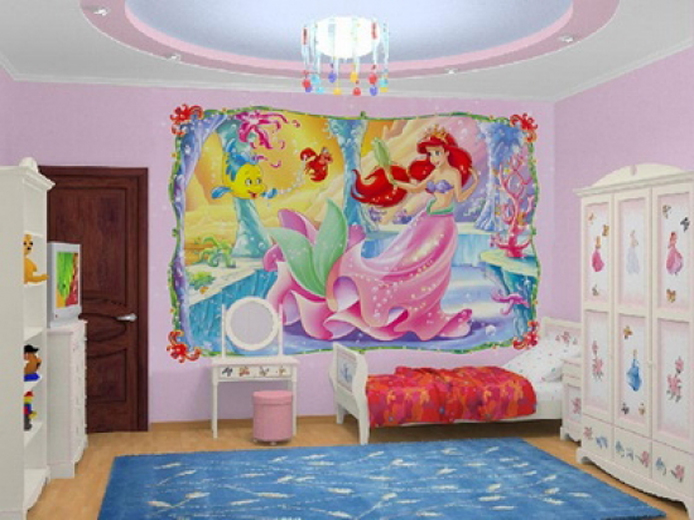 Sienų freskos dizainas erdviam mažų princesių vaikų kambariui