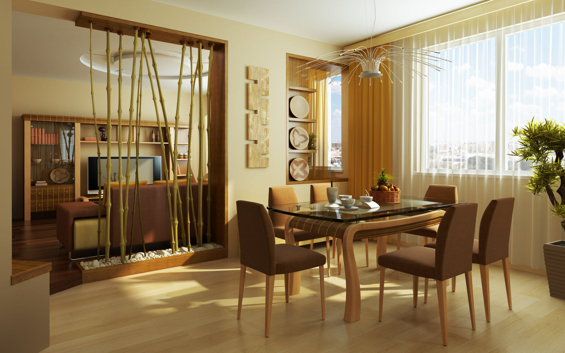 Design de la chambre 3 en 1 cuisine salle à manger salon dans des couleurs vives