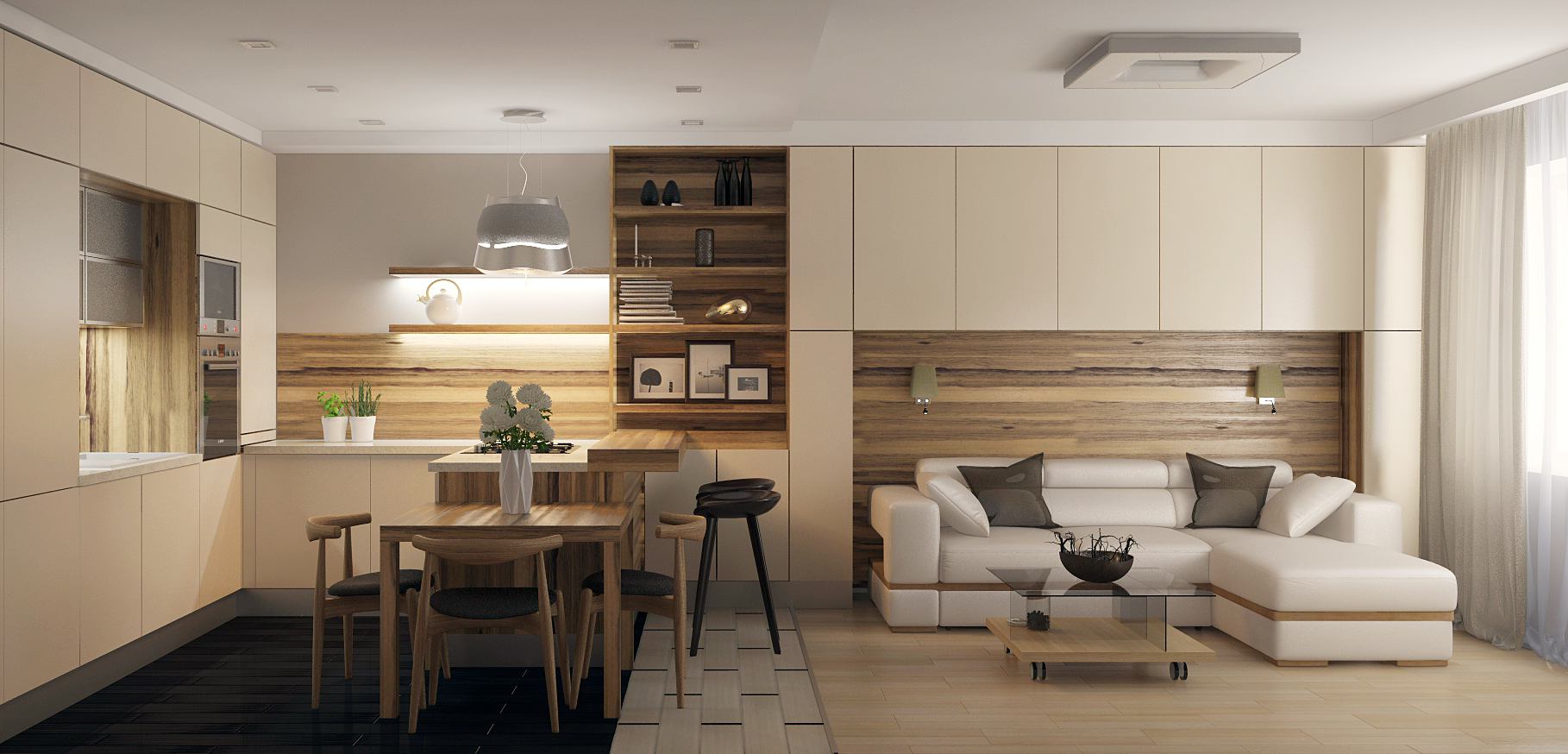 Design semplice di una piccola cucina-soggiorno