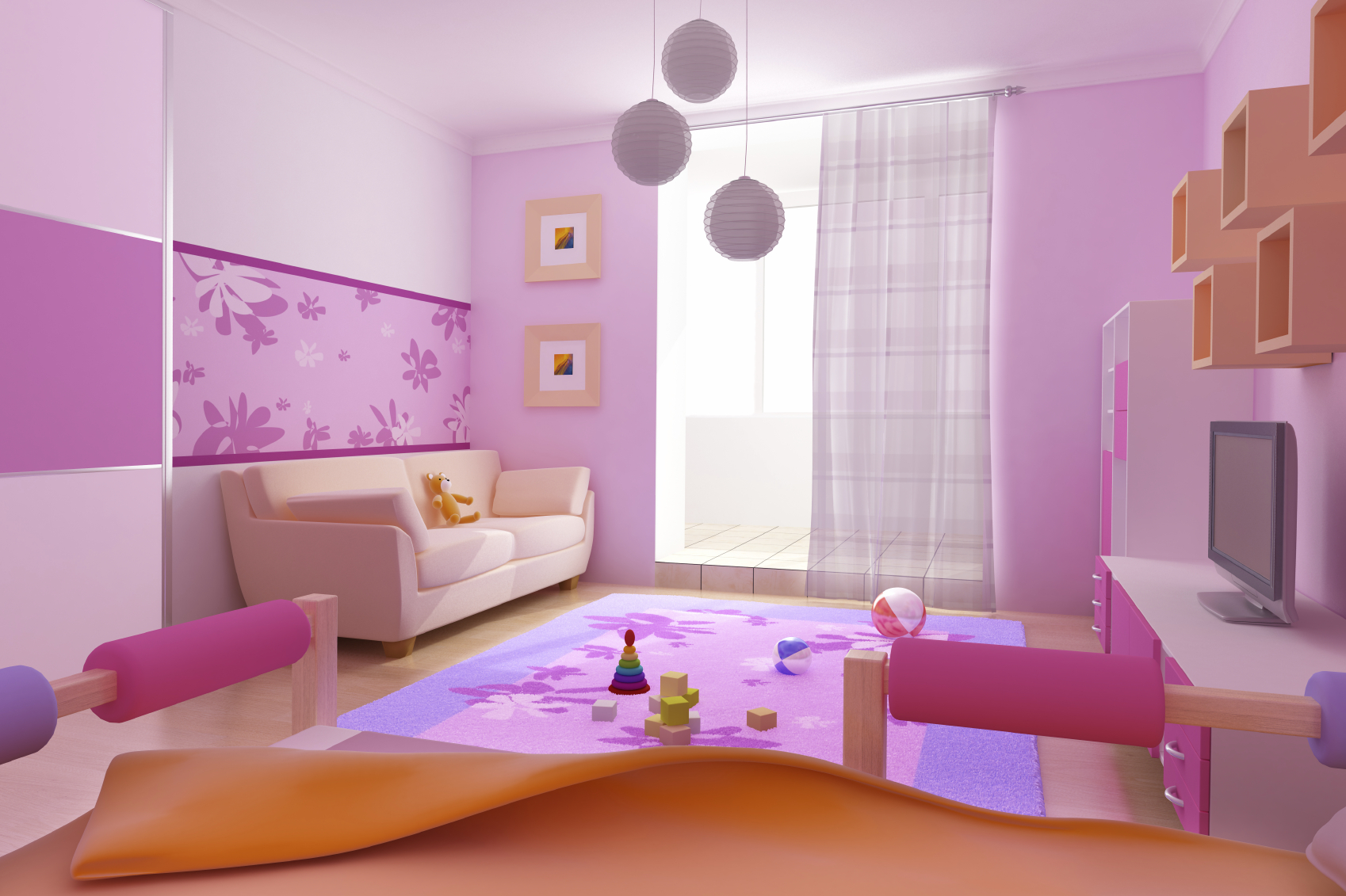 Tapešu dizains siltā krāsā bērna istabai aktīvam un mūsdienīgam zēnam