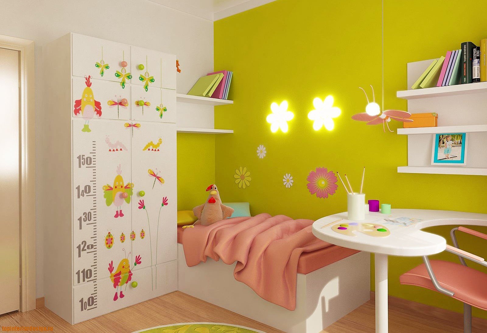 Modern design of a kid’s room with bright wallpaper