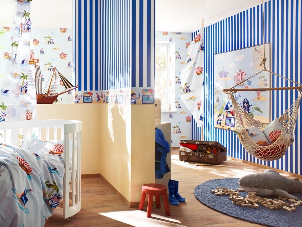 Tapetes dizains bērnu istabai zēnam jūras stilā