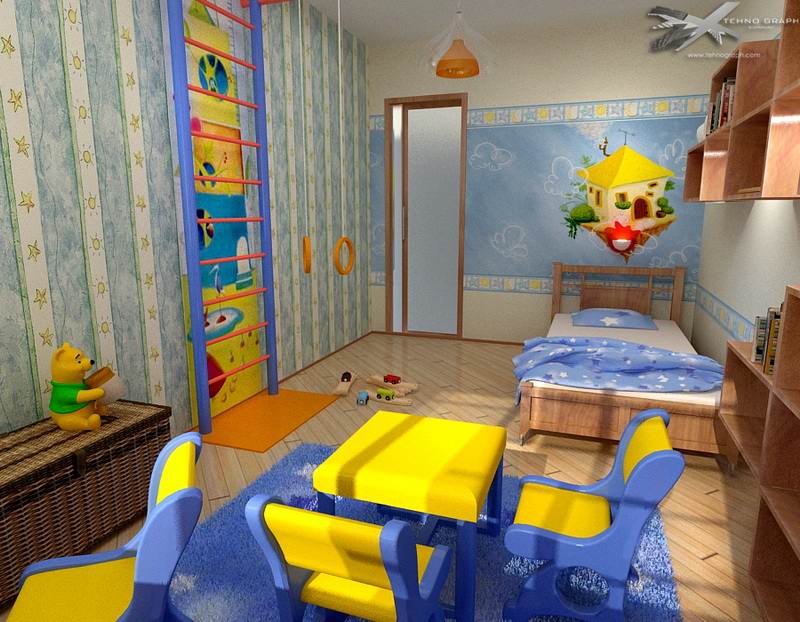 Interior of a children's room with bright accents for a boy