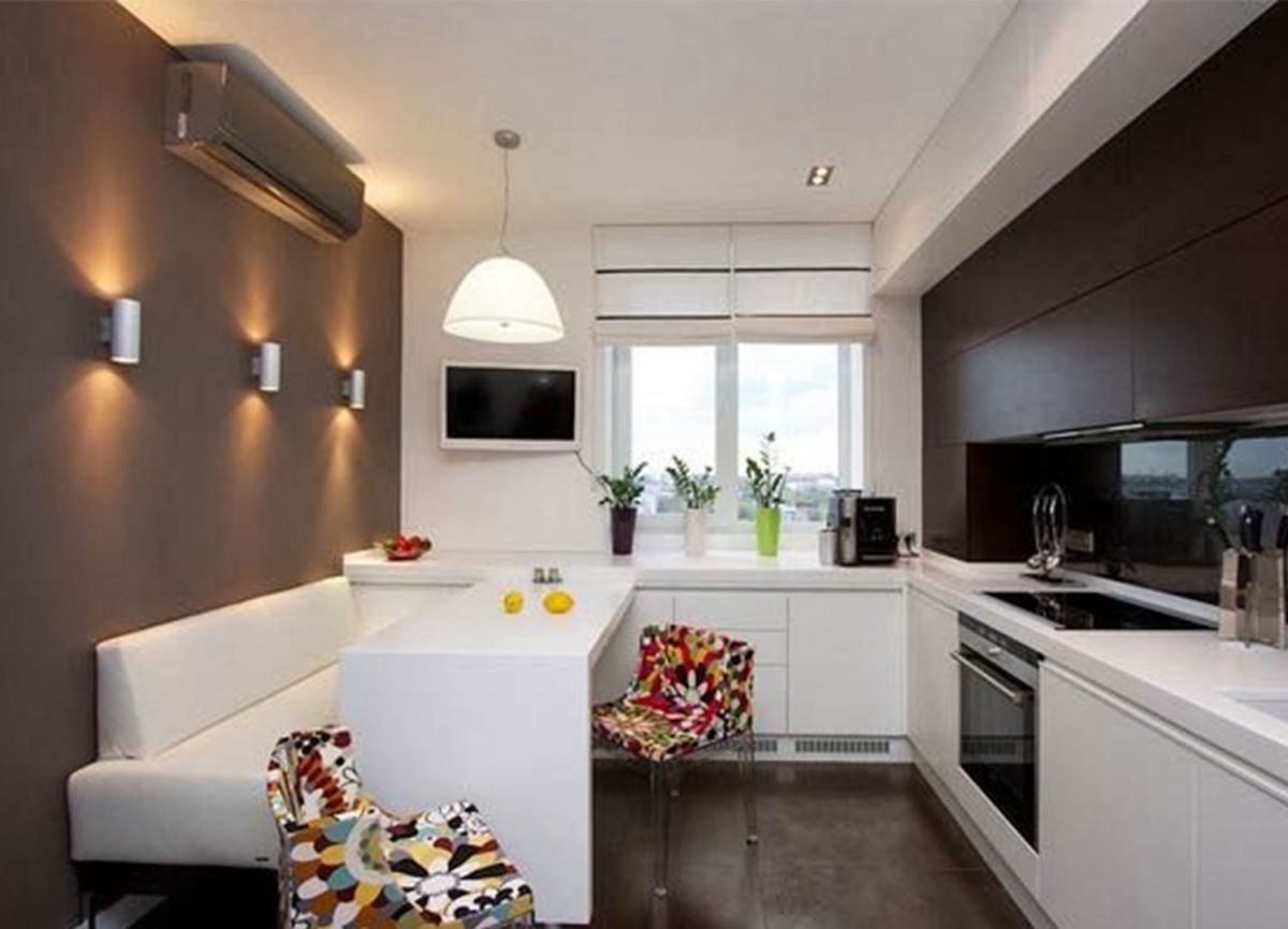 Design photo of a modern kitchen-living room with white furniture