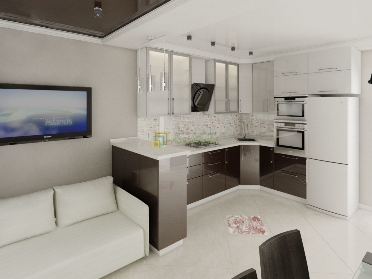 Photo of the design of a fashionable kitchen-living room in white