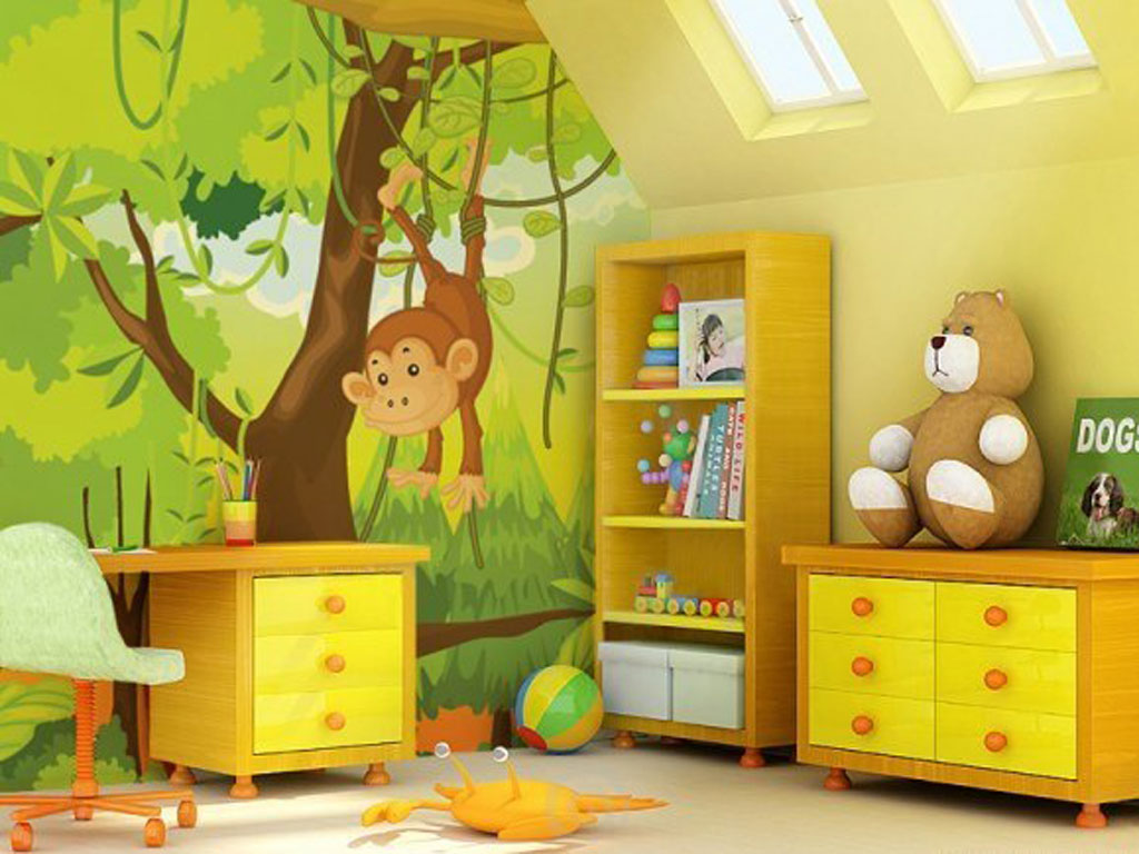 Wall mural with cartoon characters in the nursery