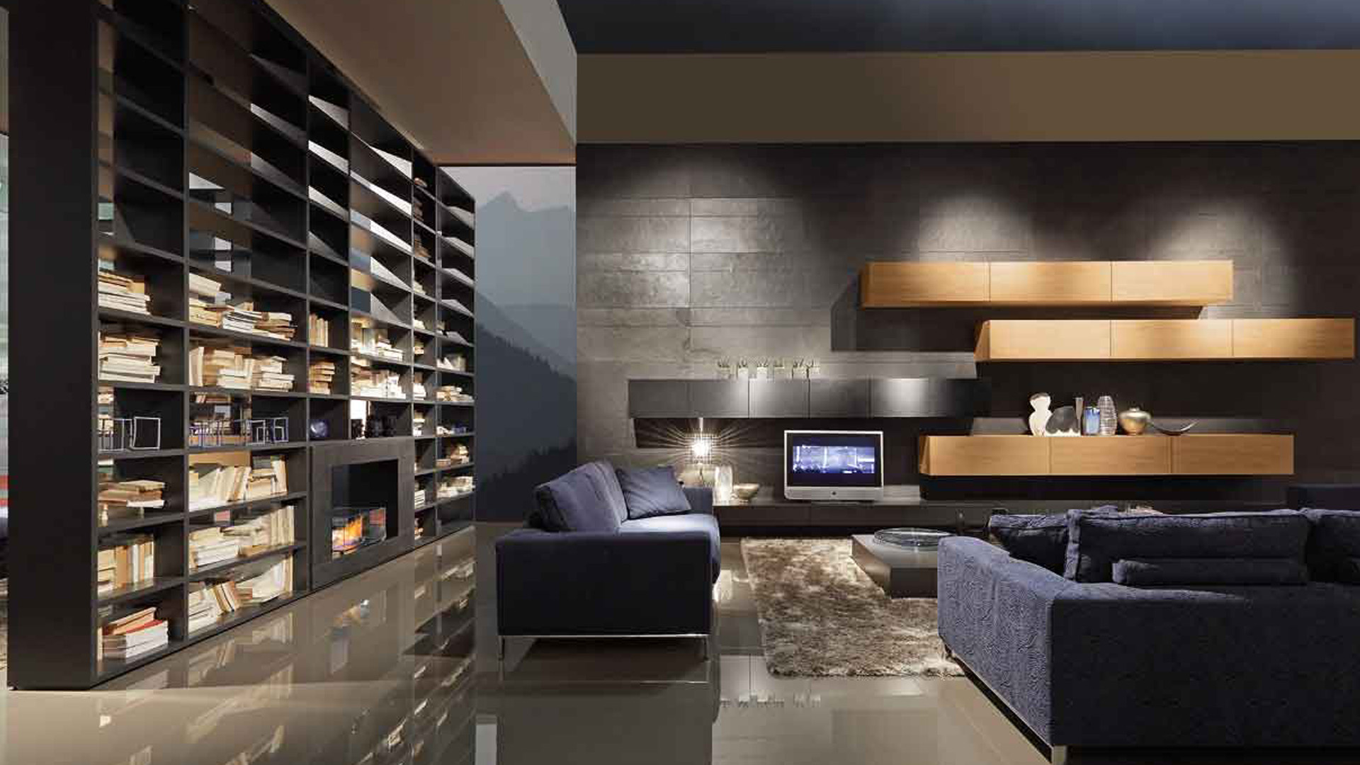 Black living room with a huge modular system