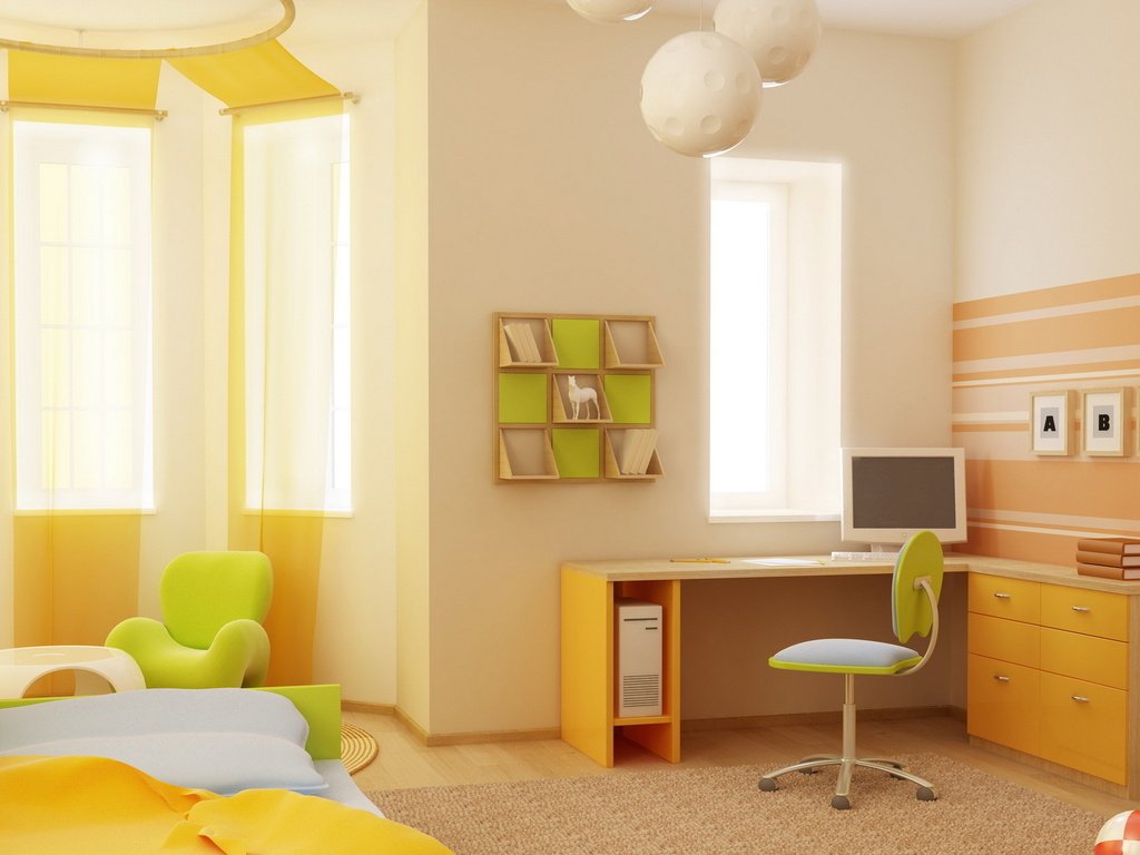 The design of the children's room for the boy with wallpaper of warm bed tones