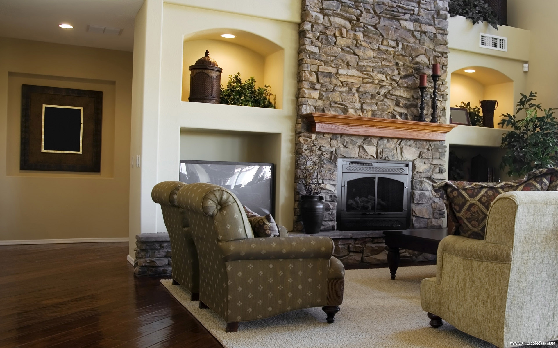 Stylish fireplace with stone tiles for a large living room