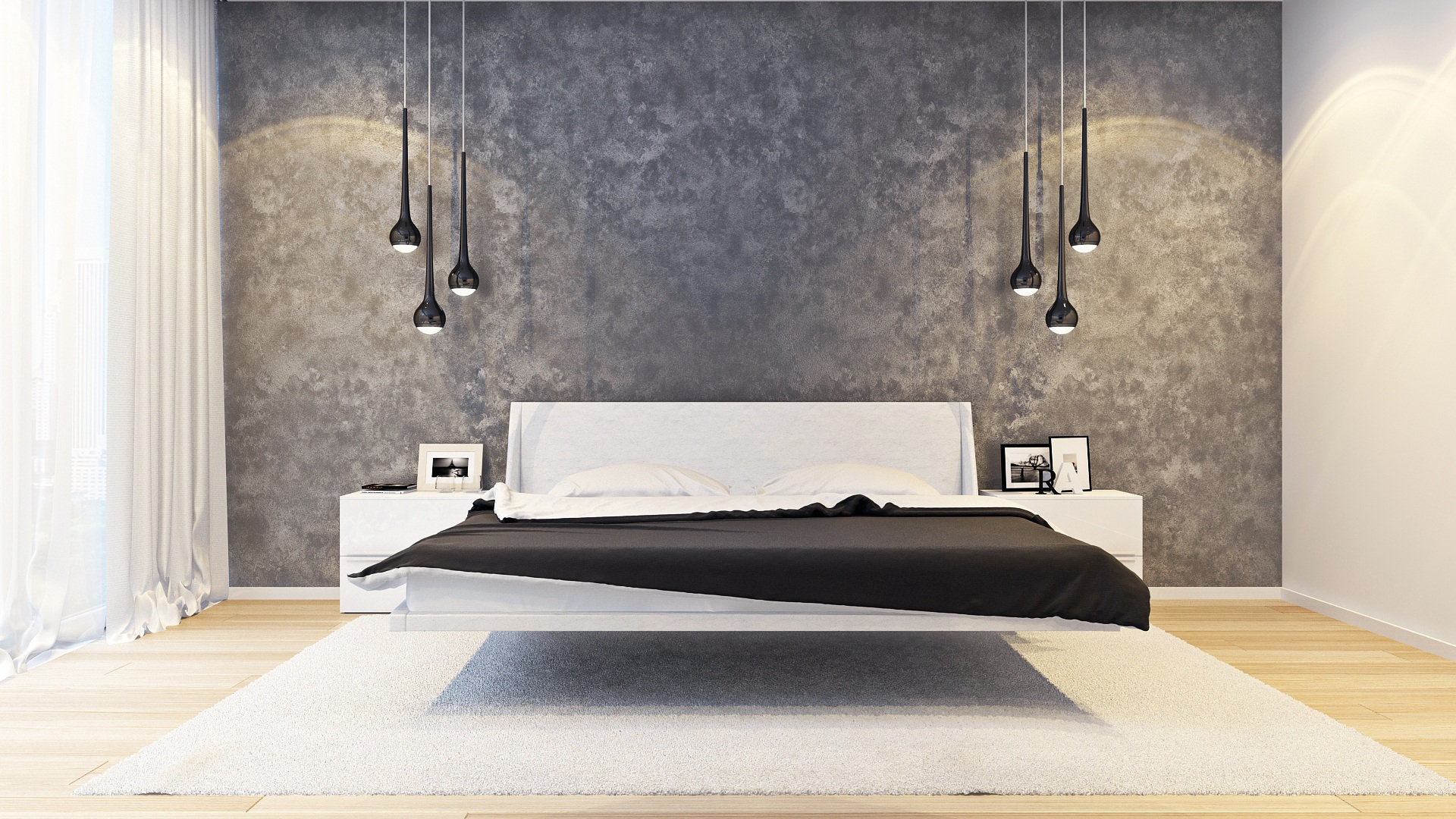Salon spacieux avec des murs sombres dans un style minimaliste.