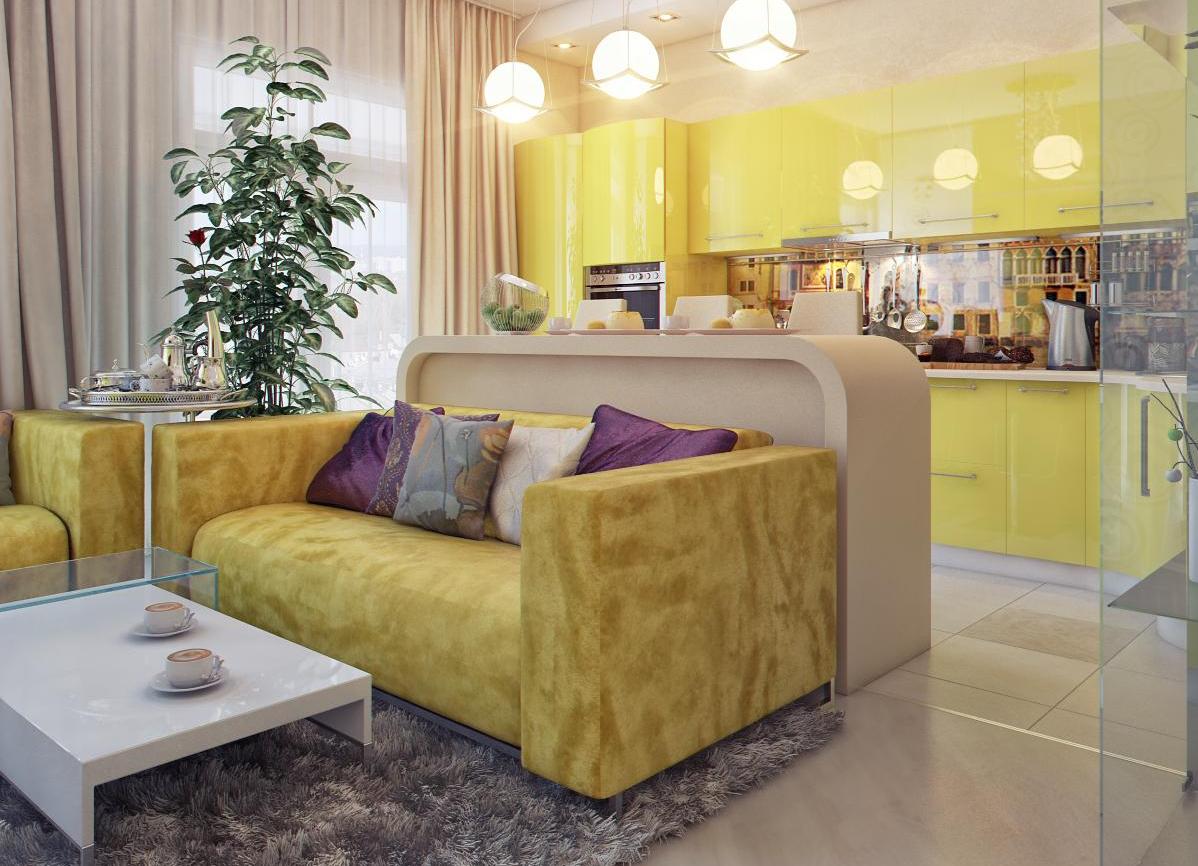 Small 3 in 1 room with solid furniture in yellow tones