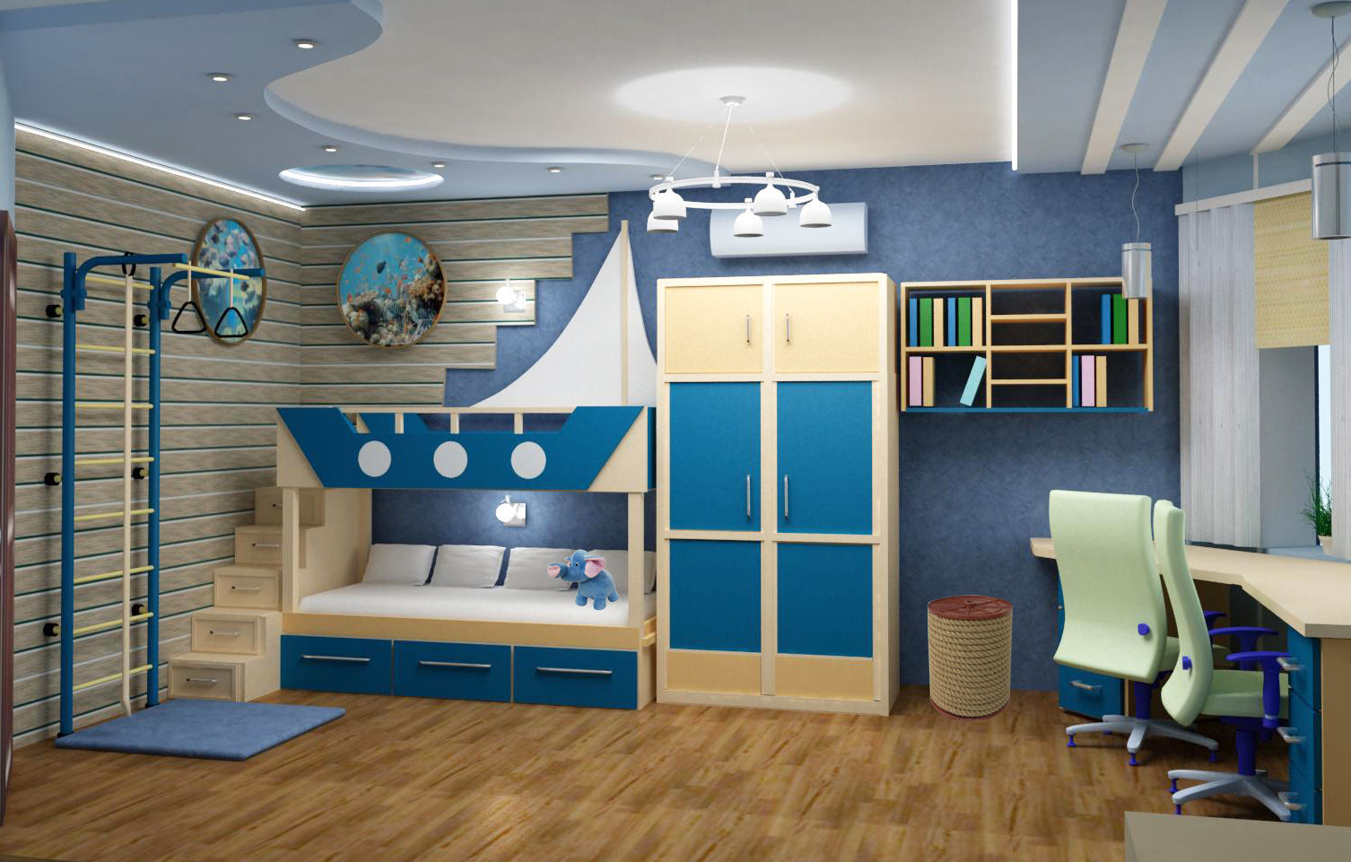 Nautical style for the decor of a spacious children's room for a boy