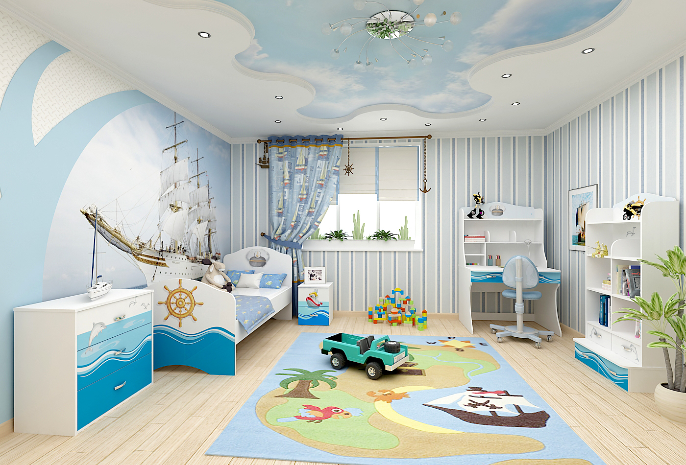 Marine style of design of a children's room with photo wallpaper and bright decor