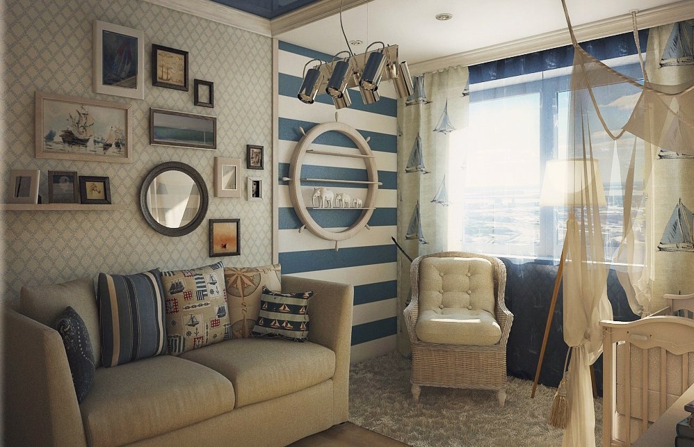Small marine style kids room for active boy