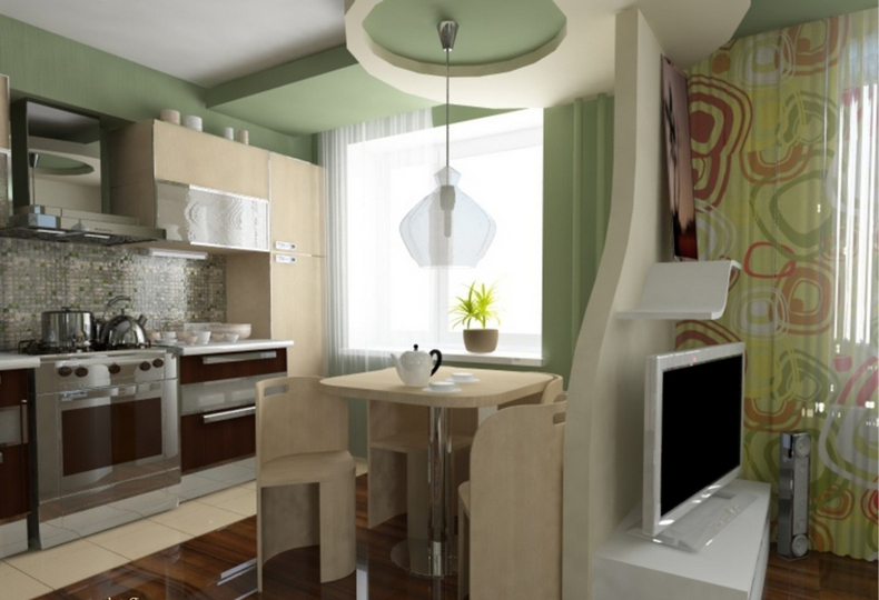 Small multi-functional kitchen-living room with integrated appliances