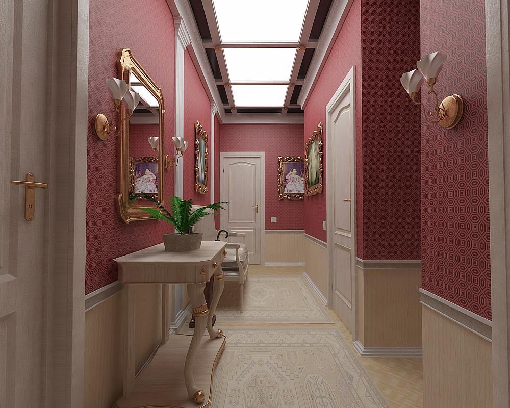 Wallpaper for the corridor and hallway in rich wine color