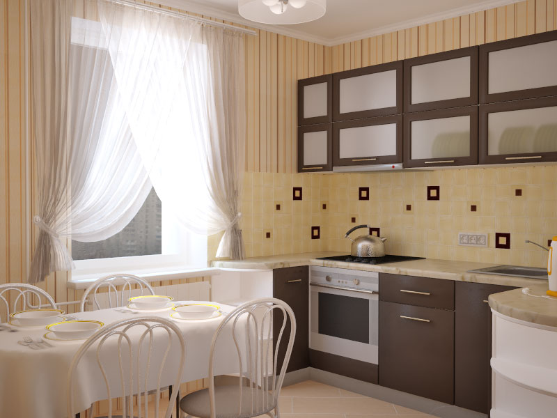 Sandy-colored wallpapers for a small kitchen