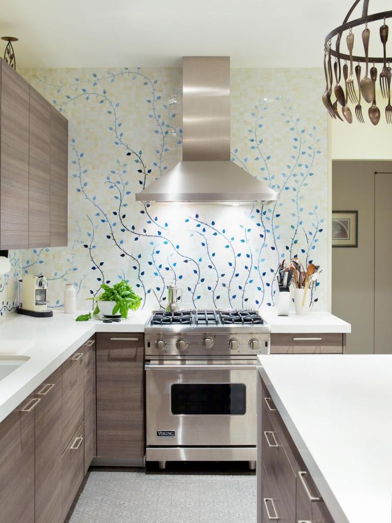 Stylish wallpaper with an original pattern for a small kitchen