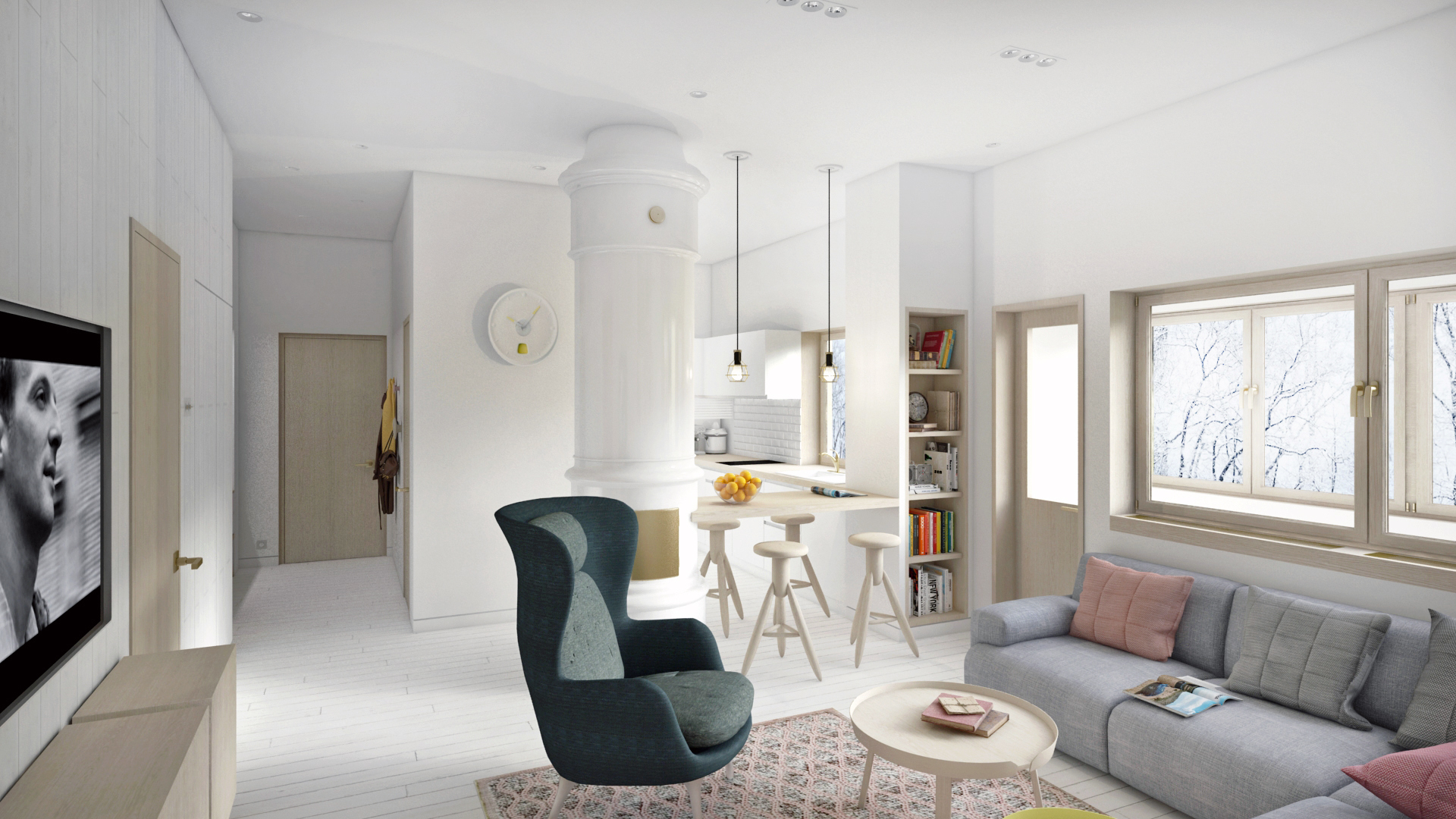 Stylish living room design in white.