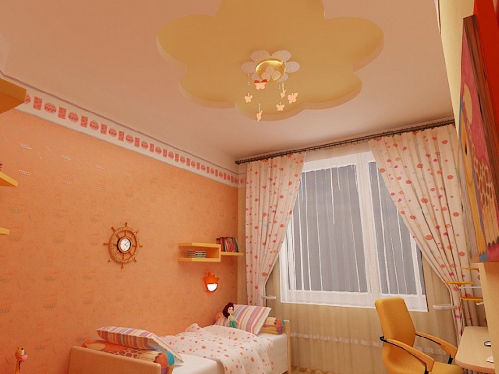 Camera per bambini di colore chiaro con soffitto teso