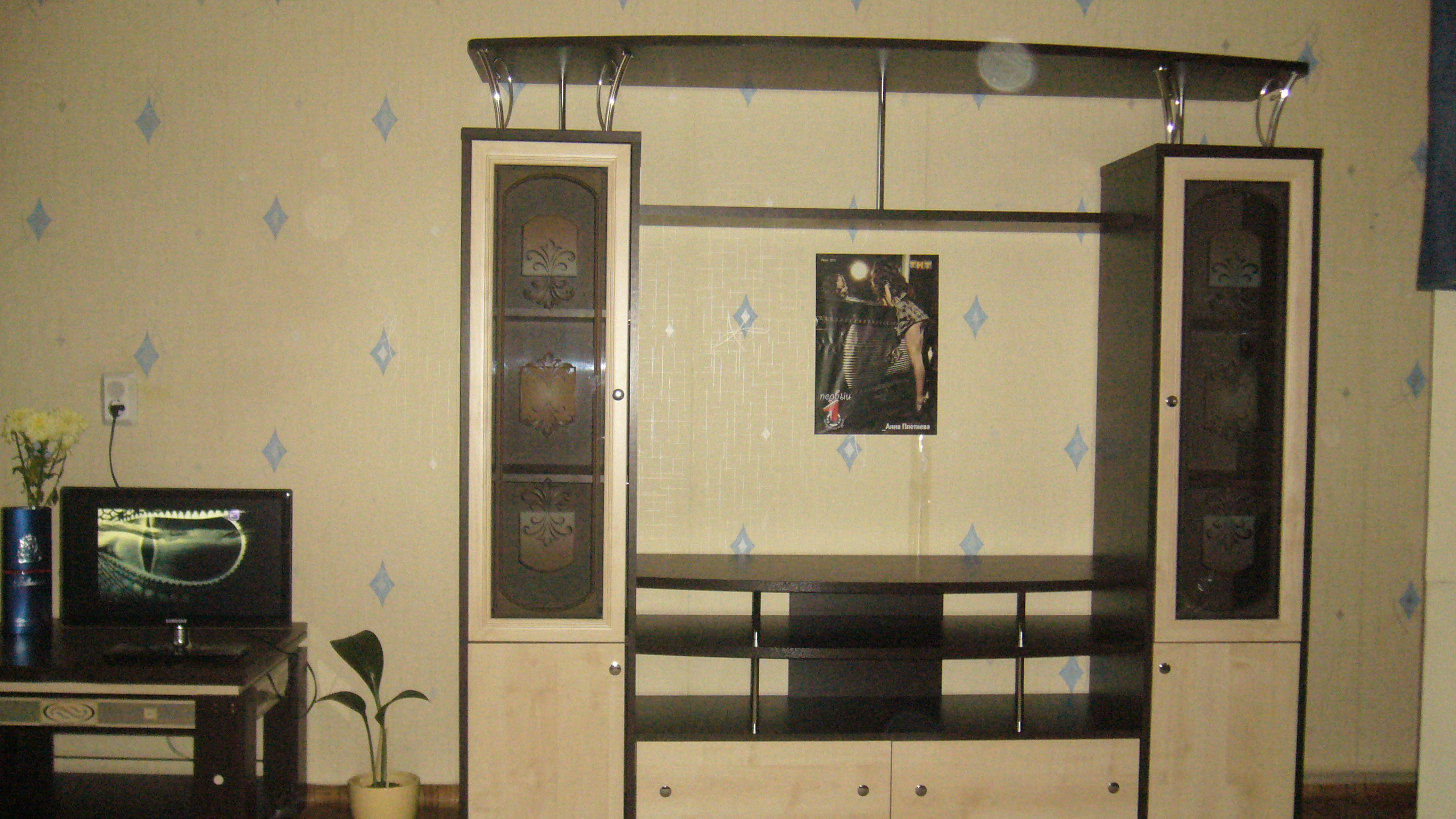 Vetrina per piatti con porte originali opache in un ampio soggiorno