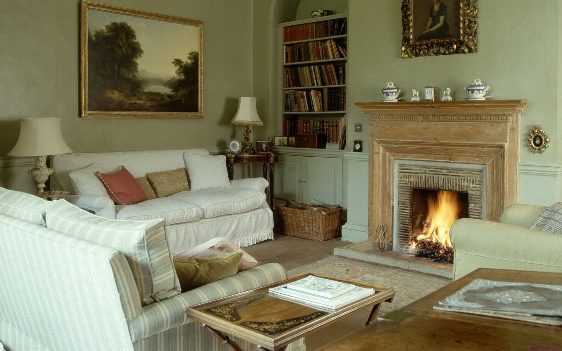 Fireplace design for a small living room with reading area