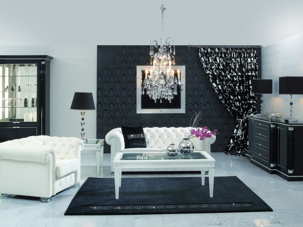 black wallpaper in the interior of the room in the style of glamor