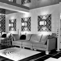 juodi tapetai virtuvės interjere avangardinio paveikslo stiliaus