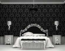 black wallpaper in the design of a bedroom in the futurism style