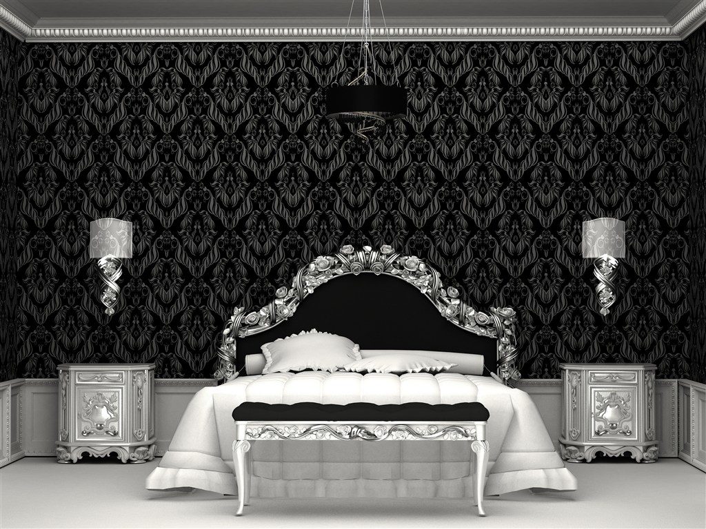 black wallpaper in the design of a bedroom in the style of futurism