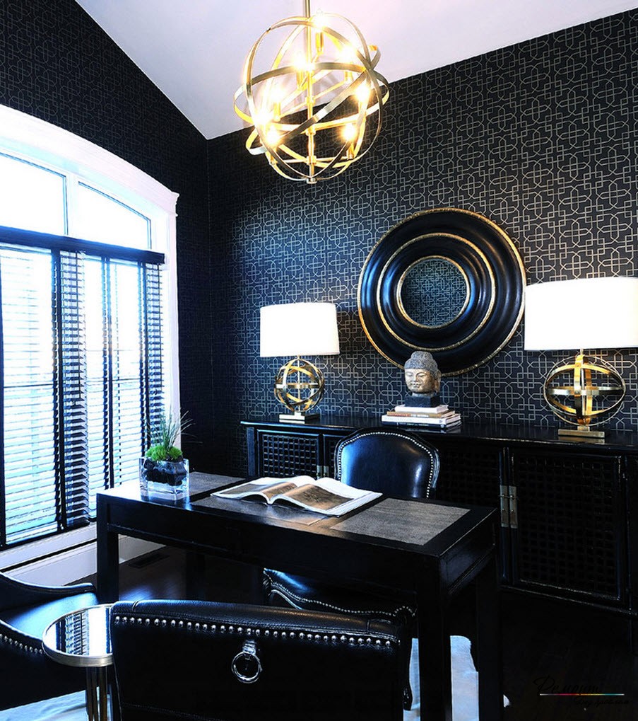 black wallpaper in the design of the bedroom in the style of glamor