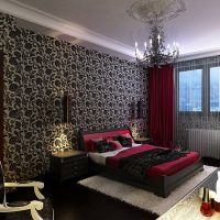black wallpaper in the design of the bedroom in high-tech style photo