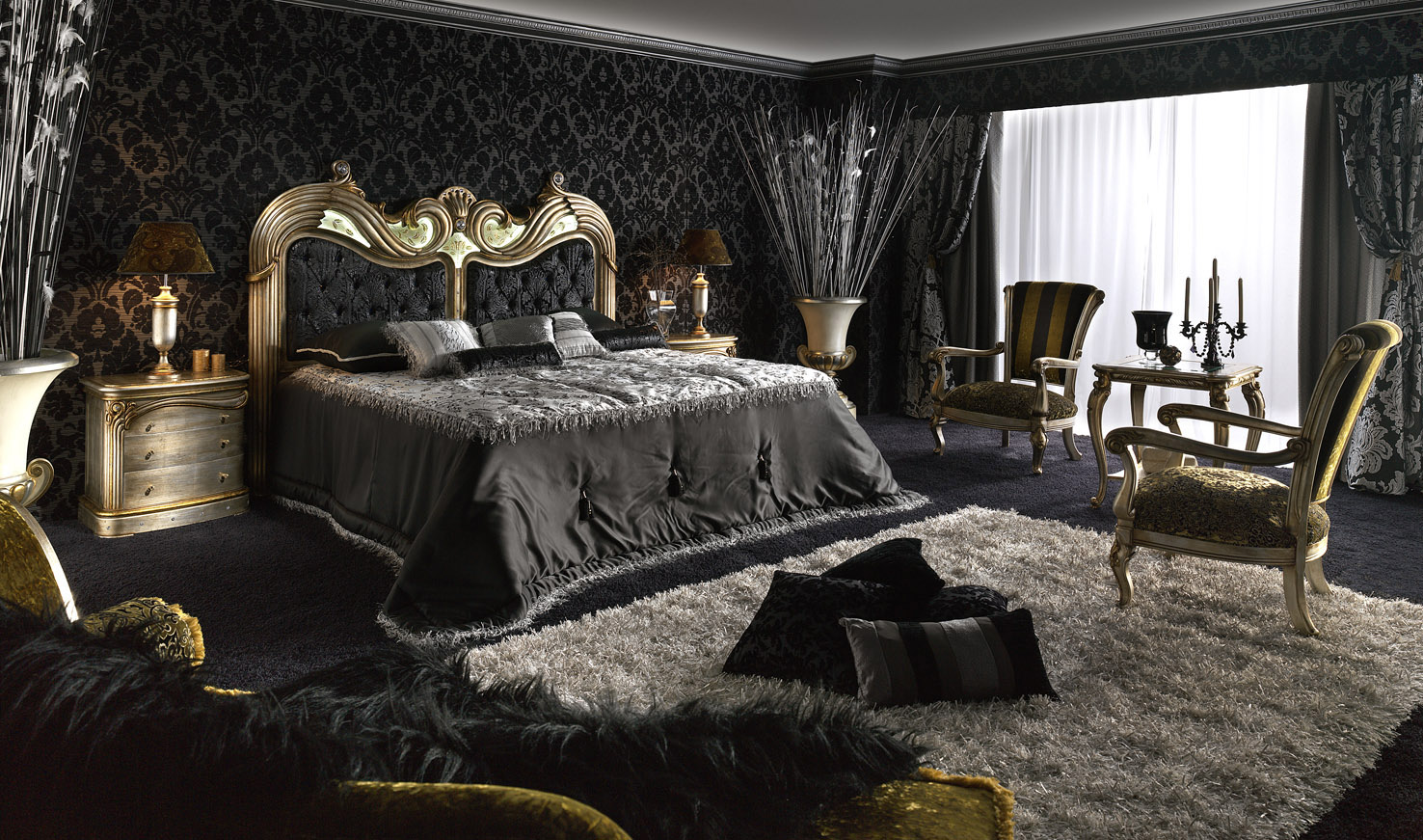 black wallpaper in the interior of the room in the style of elektika
