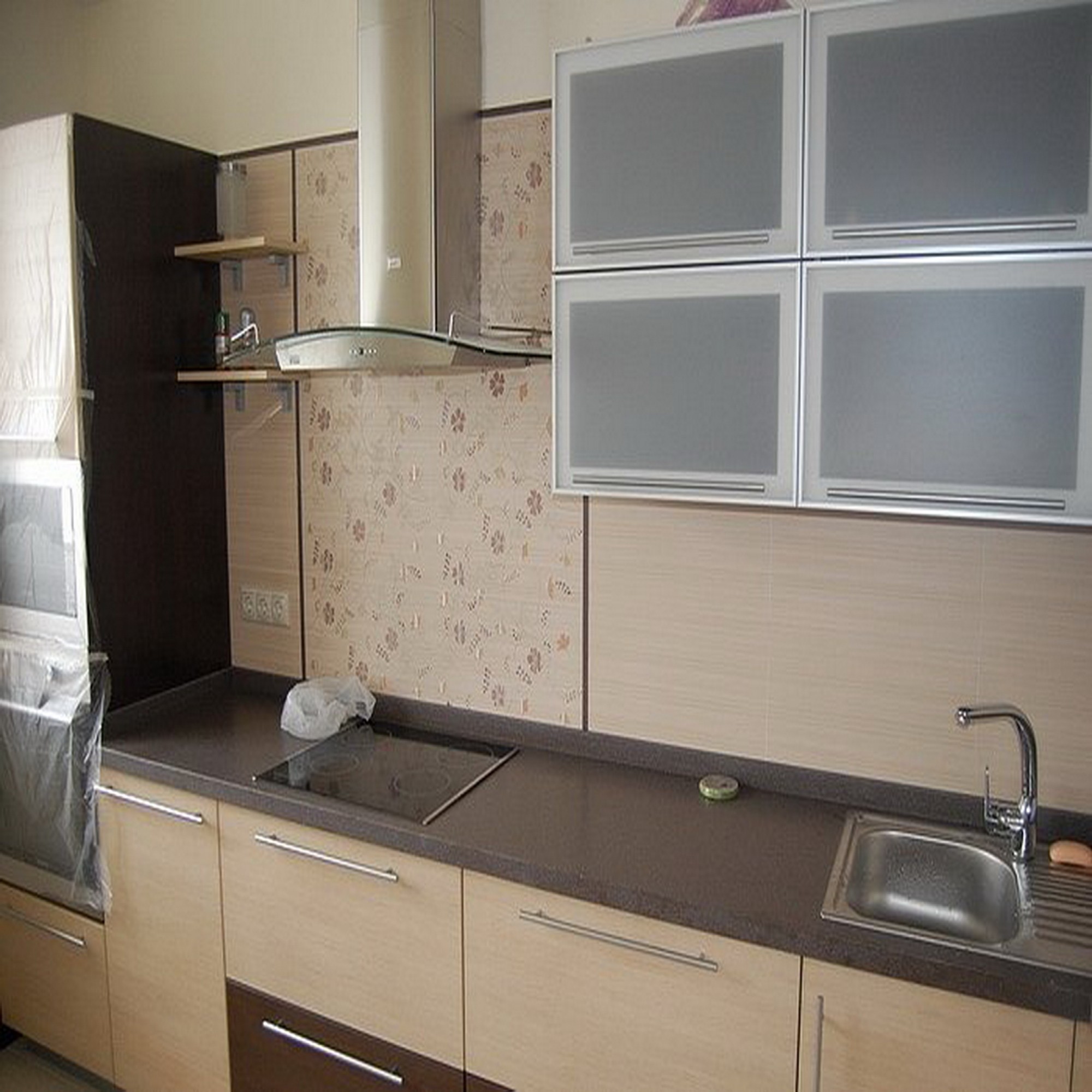 bright interior of beige kitchen in eco style