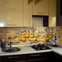 beautiful apron from large format tiles with the image in the interior of the kitchen photo