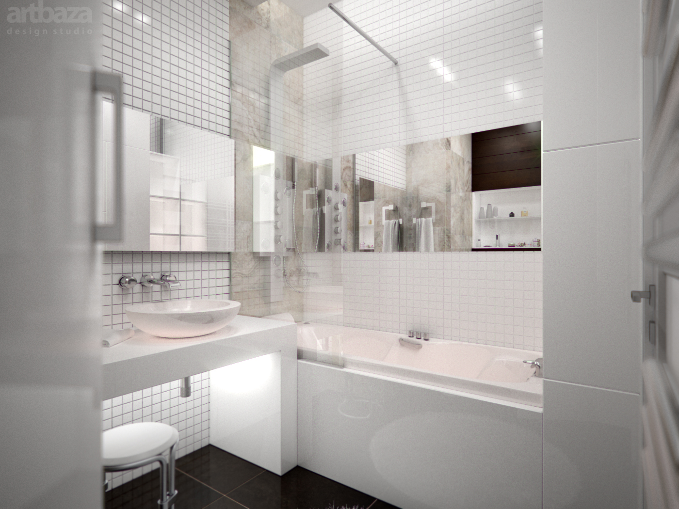 design lumineux d'une salle de bain avec douche aux couleurs sombres