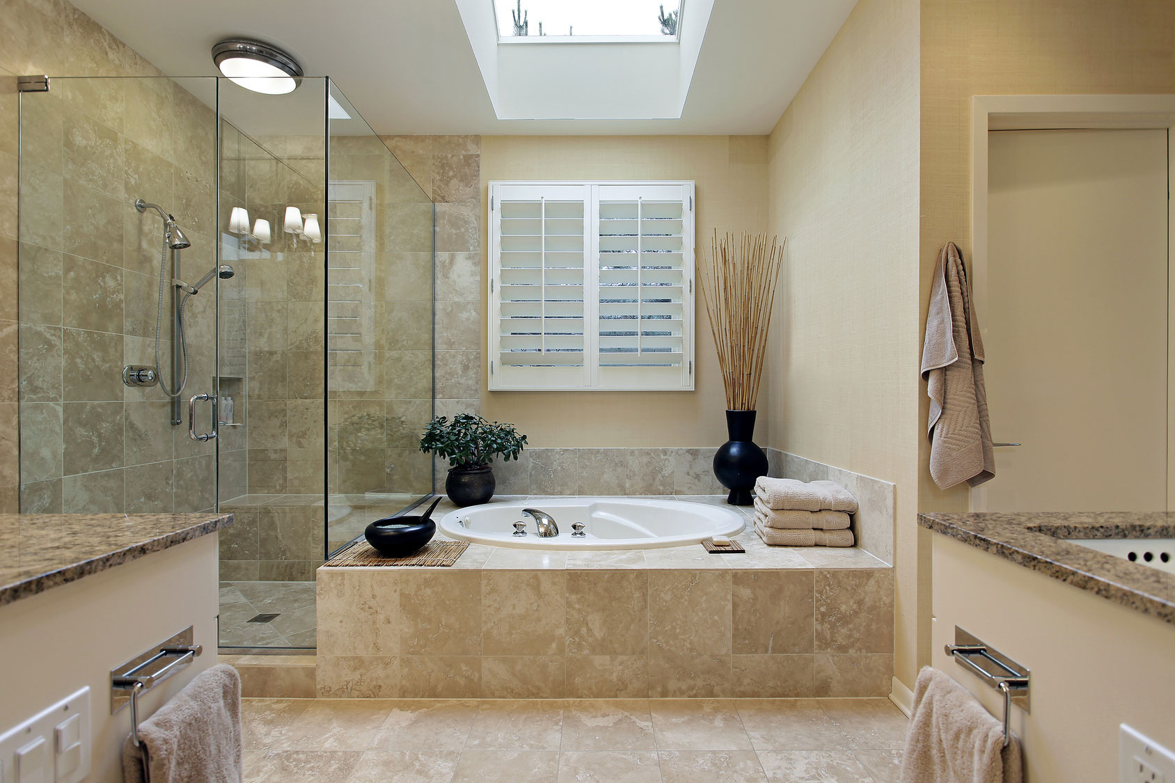 bright bathroom interior with light-colored shower