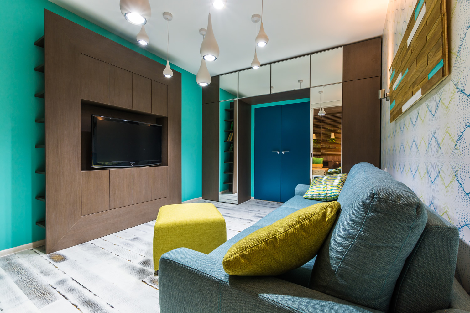 unusual design of the hallway in turquoise color