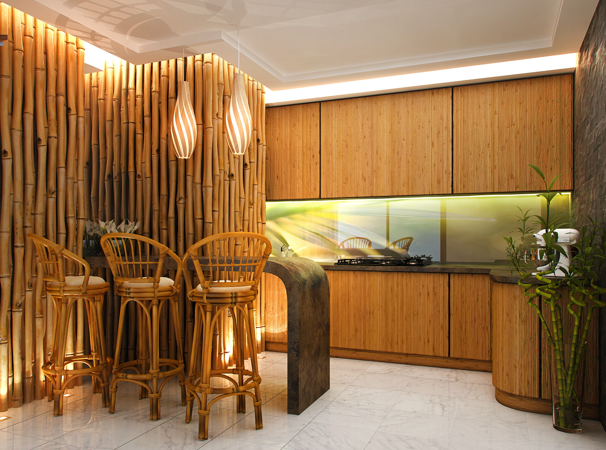 soffitto con bambù all'interno della cucina