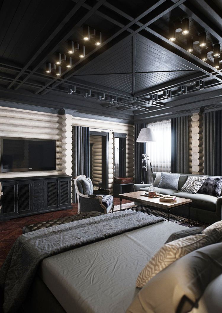 plafond noir en bois dans la conception de la chambre